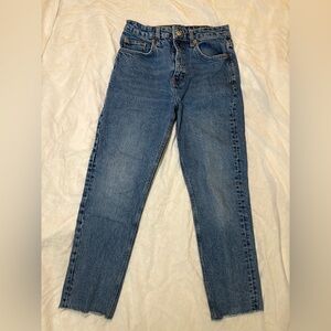 TopShop Brand Classic Blue Denim Jeans, Frayed Hems, High Waist, 27” Waist